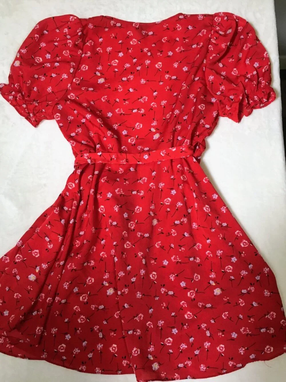 SHEIN Boho Ditsy Floral Print Puff Sleeve Knot Side Wrap Dress Size 0XL Short